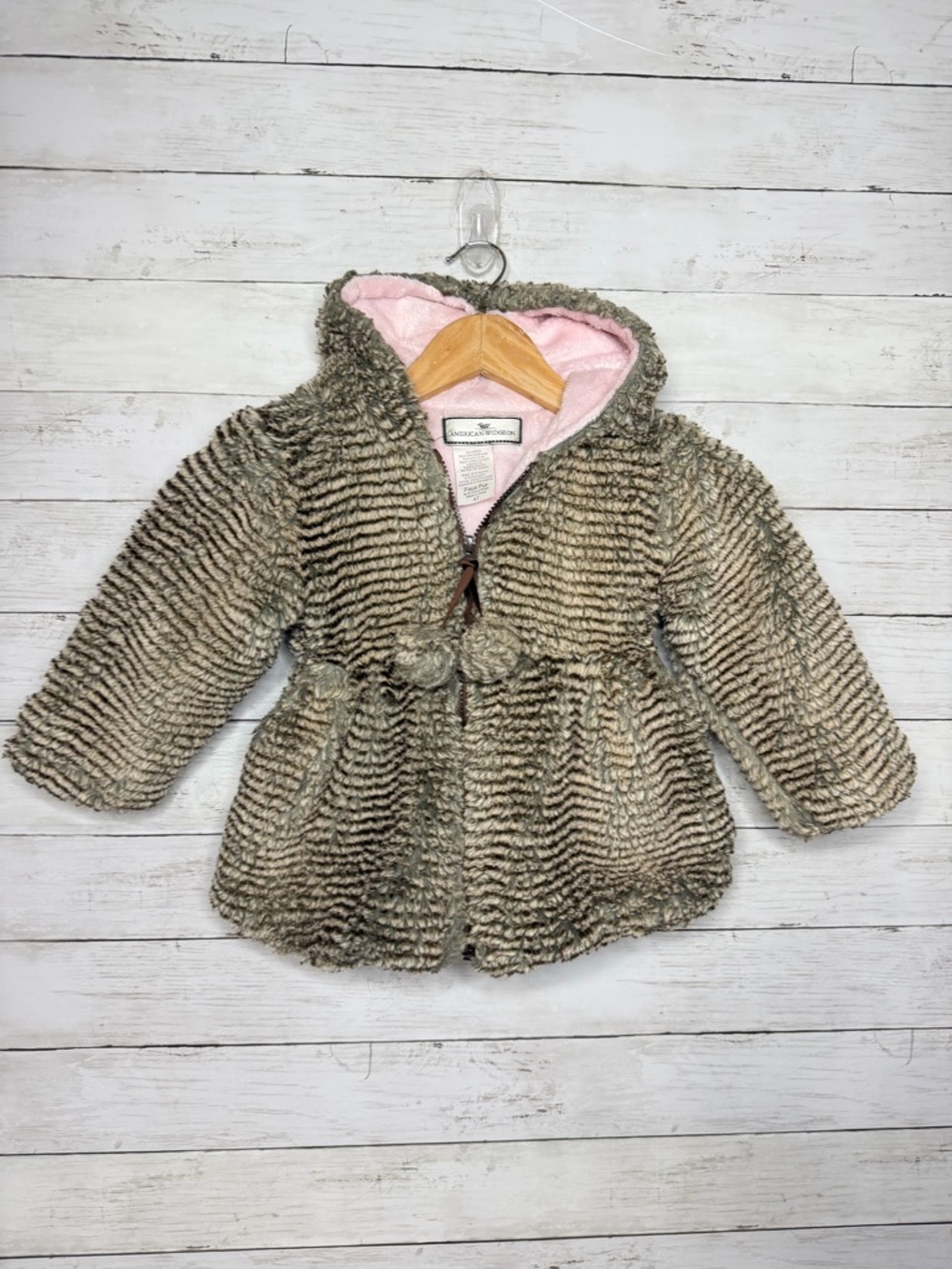 American Widgeon Faux Fur Hooded Coat 4T Pom Pom Pink Lined Jacket boho - Picture 2 of 4